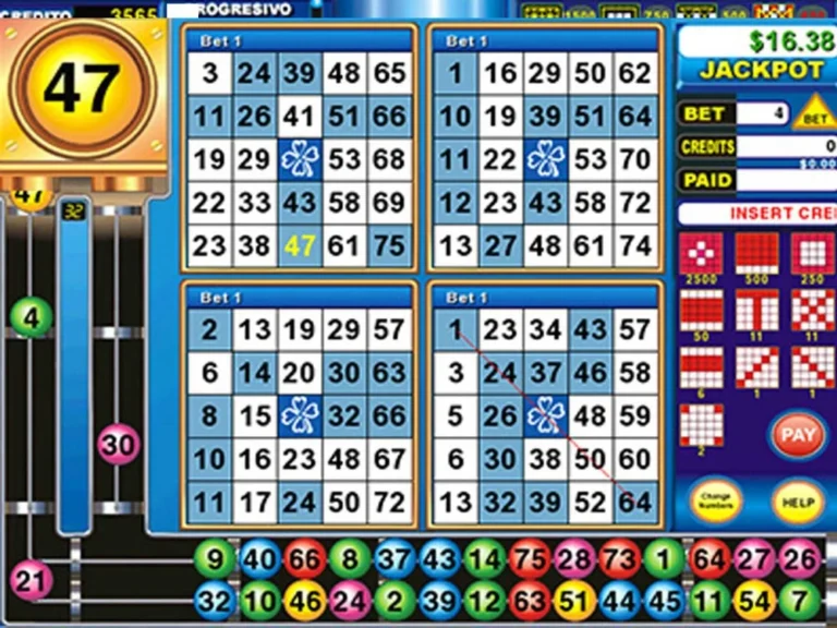 This is the image of online bingo games. A Colorful online bingo game interface with numbered bingo balls and a winning card.